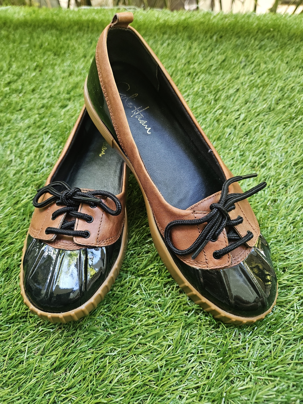 Cole Haan Nike Air Black Patent Leather Brown Canvas Oxfords Shoes Women’s Sz 7